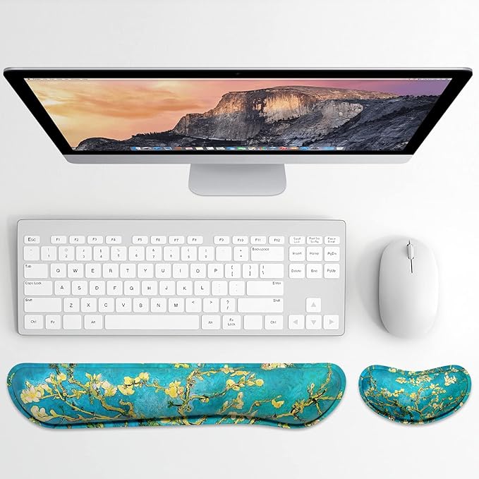 Dapesuom Enlarge Keyboard Wrist Rest, Memory Foam Wrist Cushion for Desk Mats Support, Cute Pain Relief Keyboard Mouse Pad Rests Set with Non-Slip Base for Gaming Laptop Office Computer, Blue Flower