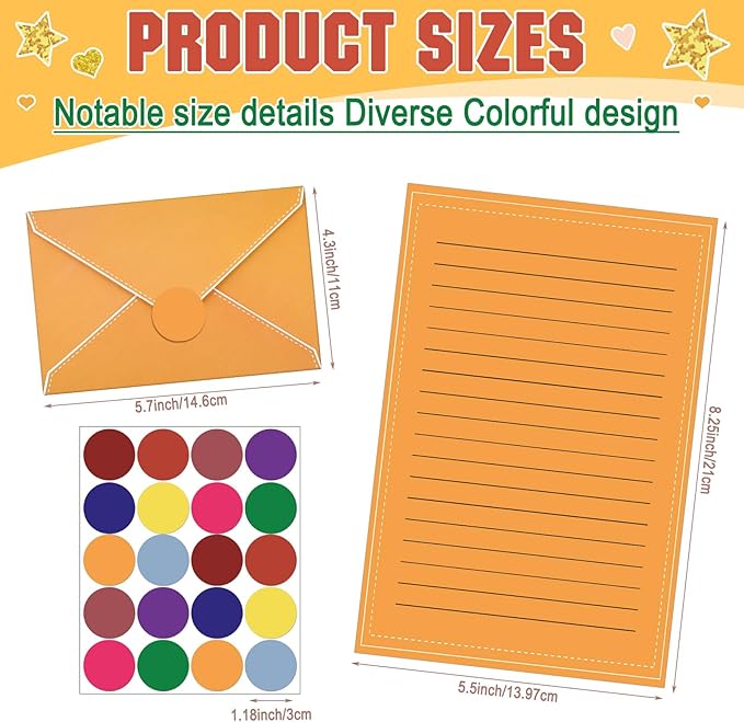 TaoBary 160 Packs Stationery Paper Set (50 Double Sided Stationery Writing Papers 50 Matching Envelopes) 60 Round Dot Sticker, 10 Design (Bright Color)