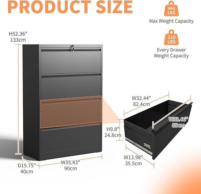 KEIKI 4 Drawer Lateral File Cabinet with Lock – Tall Heavy-Duty Metal Filing Cabinet, Space-Saving Wide Storage for Letter/Legal/A4/F4, Quiet Full-Extension Slides for Home Office, Black