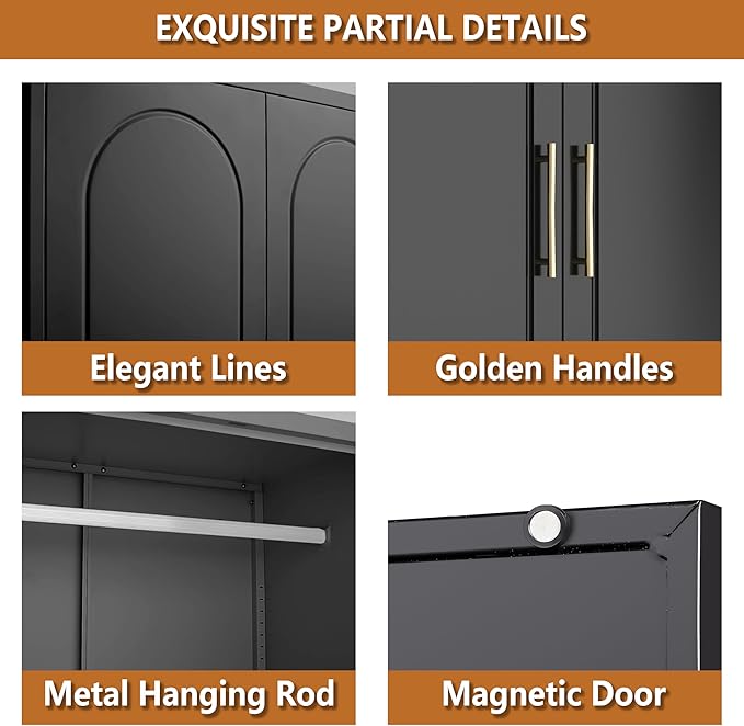 Metal Armoire Wardrobe Closet with Two Drawers, 71" Tall Large Wardrobe Cabinet with Hanging Rod, Clothing Storage Cabinet with Doors and Shelves for Bedroom, Black, Assemble Required