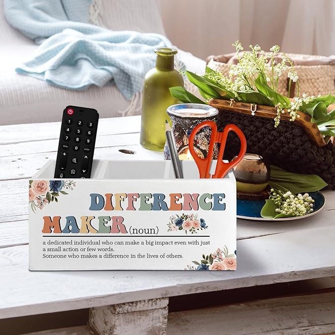Difference Maker Gift, Office Decor for Women, Pen Pencil Holder Organizer for Desk Accessories, Appreciation Thank You Gifts for Teachers Boss Leader Coworkers Wooden Box Sign