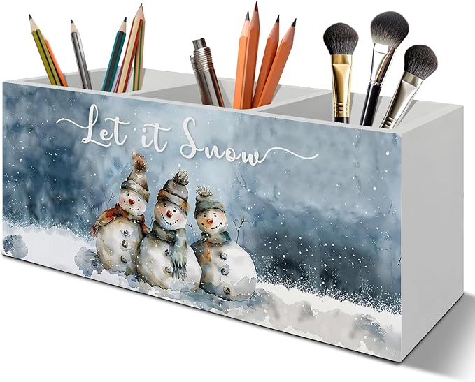 Winter Christmas Snowman Pen Pencil Holder Organizer for Desk Accessories, Snowman Gifts, Snow Rustic Christmas Wooden Box Signs Decorations for Home Office Desk Tabletop