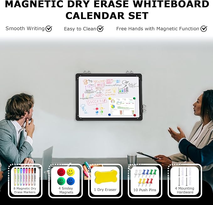 EAONE 16x12 in Double Side Whiteboard Calendar & Cork Board Combo for Wall, 3 in 1 Magnetic Dry Erase Whiteboard Monthly Calendar and Bulletin Board with Aluminum Frame for Home Office Kitchen