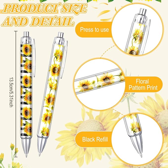 Thenshop 50 Pcs Sunflower Pens Bulk Sunflower Theme Gel Ink Ballpoint Pens Flowers Party Favors Appreciation Gifts for Mom Nurse Employee Office Summer Holiday