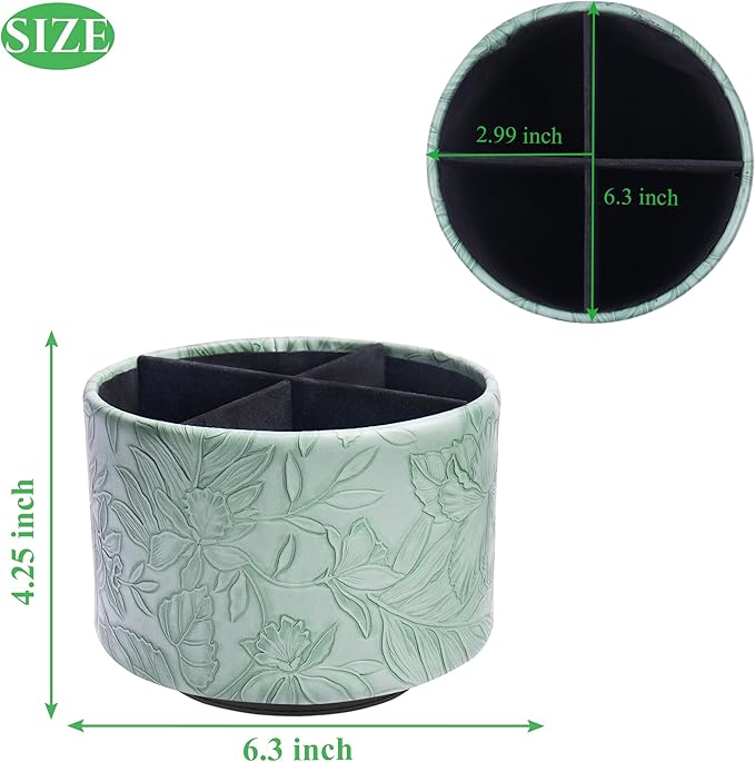 Hennaja Round Leather Art Supply Organizer,Remote Control Holder,360 Degree Spinning,Multi-Functional Pencil Holder,4 Compartments Desktop Stationary Organizer(1-Carved Dark Green)