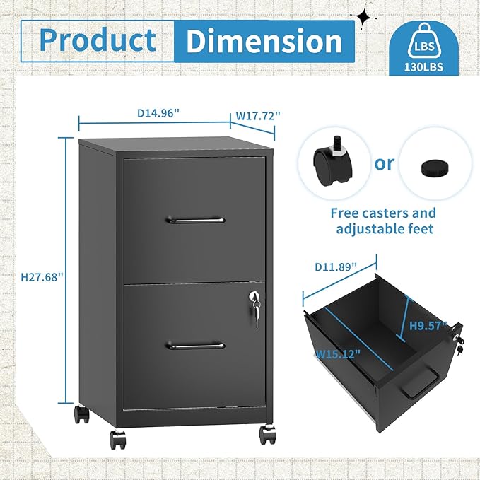 2 Drawer File Cabinet with Lock,Small Rolling Metal Office Storage Mobile Filing Cabinet with Wheels Under Desk,Vertical Locking File Cabinets for Home Office,Required Assembly,White
