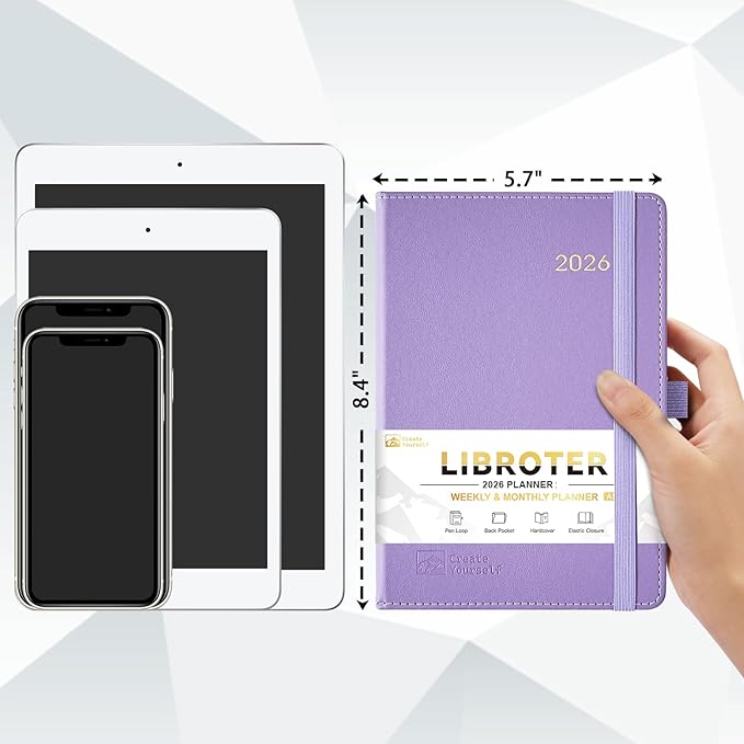 2026 Planner - Planner 2026, 2026 Weekly Monthly Planner, Jan.2026 - Dec.2026, 5.7'' x 8.4'', Thick Paper, Leather Cover, Pen Holder, Back Pocket, Bookmarks, Perfect Daily Organizer - Purple