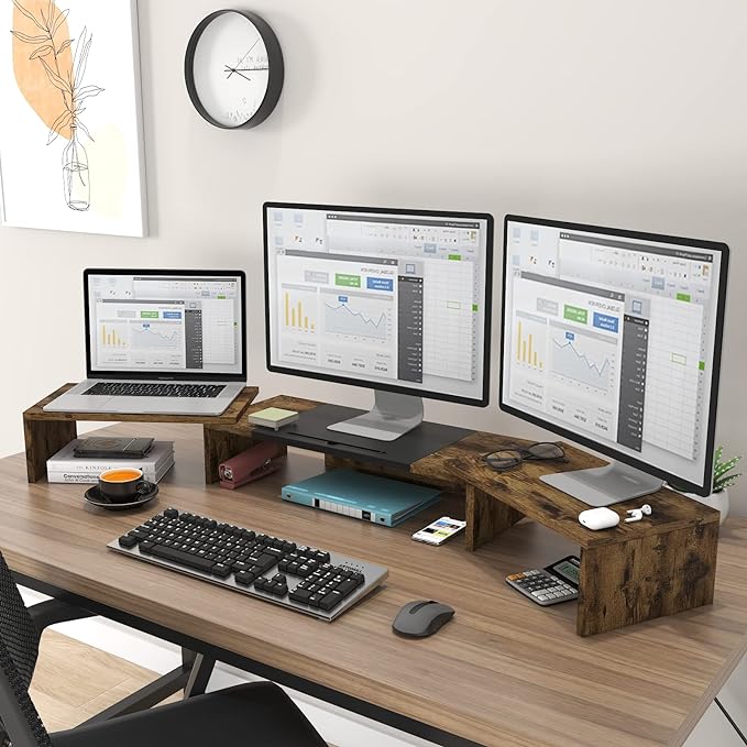 WESTREE Triple Dual Monitor Stand Riser, Extra Long Monitor Stand for 1~2~3 Monitors, Monitor Stand with Length and Angle Adjustable, 3 Shelf Desktop Storage Riser for Monitor Computer Screen Laptop