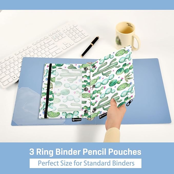 ALAZA Pencil Pouch for 3 Ring Binder, Watercolor Cactus Cacti Binder Pencil Pouches with Clear Window Zipper Pencil Case Cosmetic Bags for Office College Supplies, 2PCS