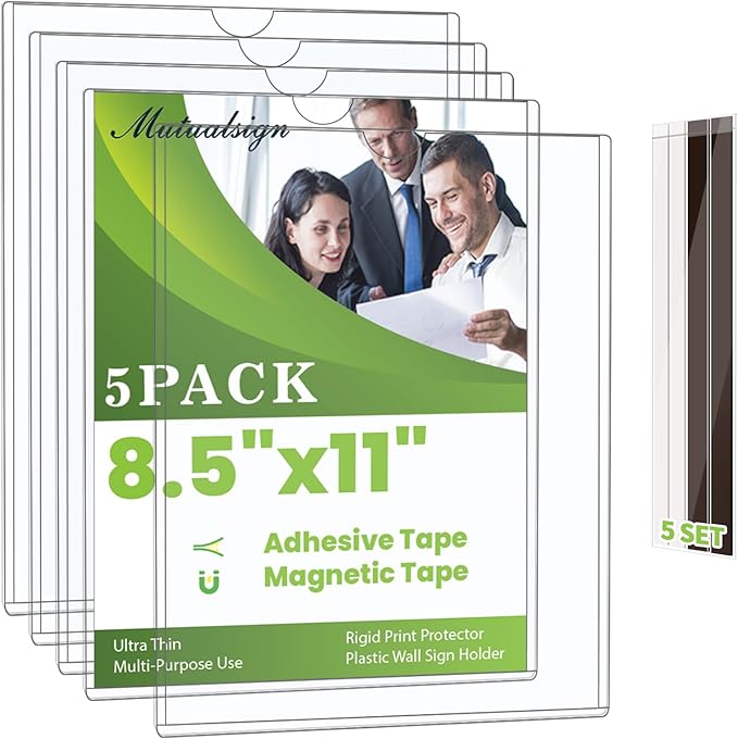 5pcs Wall Sign Holder 8.5"x11" Magnetic Sign Holder, Rigid Print Protectors with Magnet Strips and Adhesive Strips, Wall Mount Plastic Paper Holder for Office Store Home Window Display (Clear)