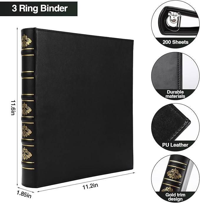 2 Pcs Vintage Hardback 3 Ring Binder 1 Inch, Professional Leather Binder 3 Ring, Three Ring Binders Fits 8.5 x 11, D Ring Binders for Home, School and Office- (1 Black and 1 Dark Green)