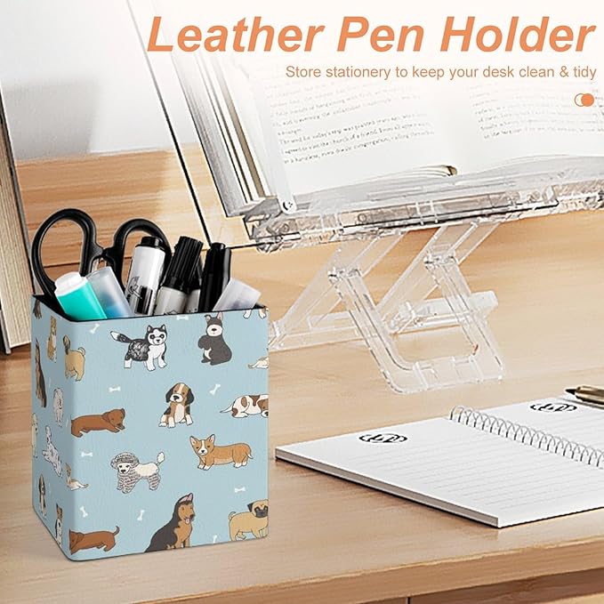 Square Pen Holder & Pencil Organizer for Desk - Office Storage Organizer, Markers/Makeup Brushes/Scissors Holder, Compact Desk Decor Accessories for Home Classroom School(Doodle puppy dog)