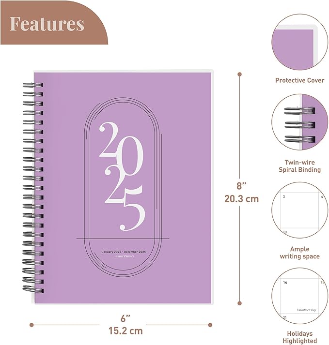 Rileys 2025 Weekly Planner - Annual Weekly & Monthly Agenda Planner, Jan - Dec 2025, Flexible Cover, Notes Pages, Twin-Wire Binding (8 x 6-Inches, Purple)