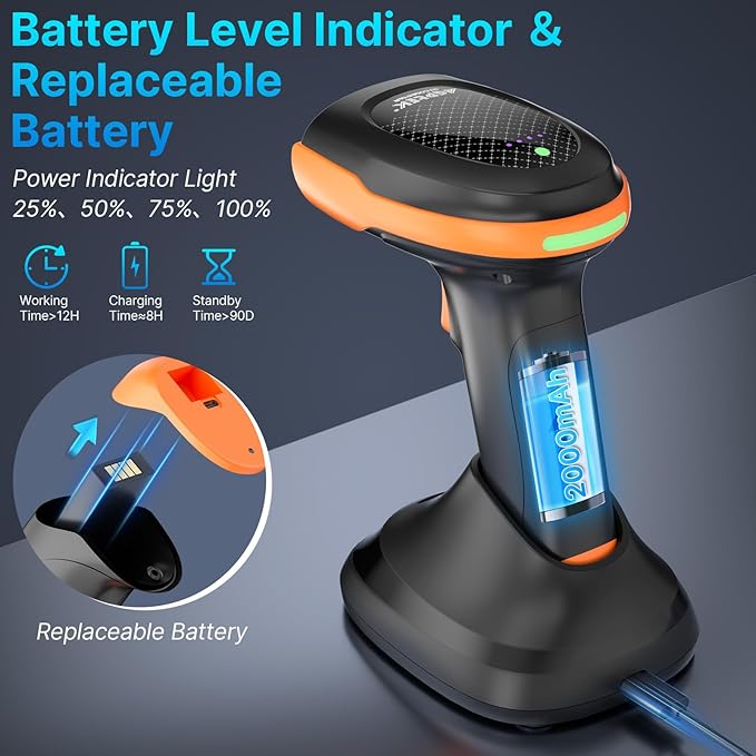 AGPTEK Bluetooth & 2.4GHz Wireless Barcode Scanner with Patented Color Light Technology for Color Barcodes, 2D/1D QR Code Reader, Customizable Settings & Wireless Charging Cradle