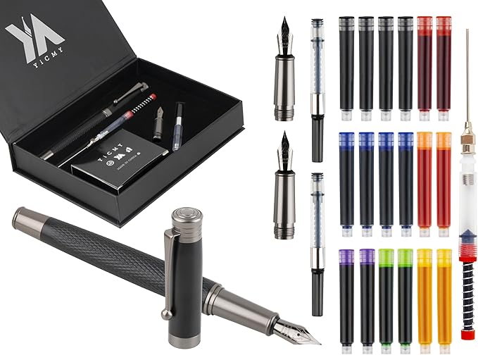 Fancy Fountain Pen Set – Fine & Medium Nibs, Includes 18 Ink Cartridges, Ink Converter, Syringe Filler, Luxury Gift for Writing, Journaling & Calligraphy，Black