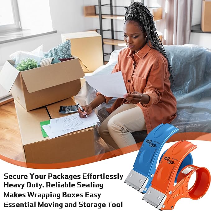 12 Pcs 2 Inch Packing Tape Dispenser Gun Heavy Duty Metal Tape Gun for Packing Boxes Wide Tape Gun for Handheld Sealing Cutter Warehouse Tools, White, Orange, Blue