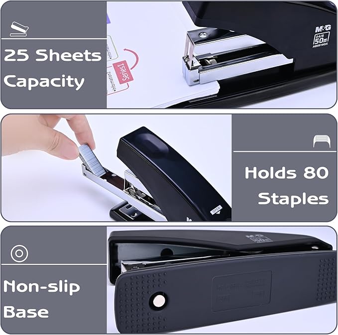 M&G Desk Effortless Stapler with 2000 Staples, 50 Sheets Capacity Heavy Duty Office Staplers, Jam Free, One Finger Touch Stapling Ergonomic Stapler for School Home Office Supplies (Black)