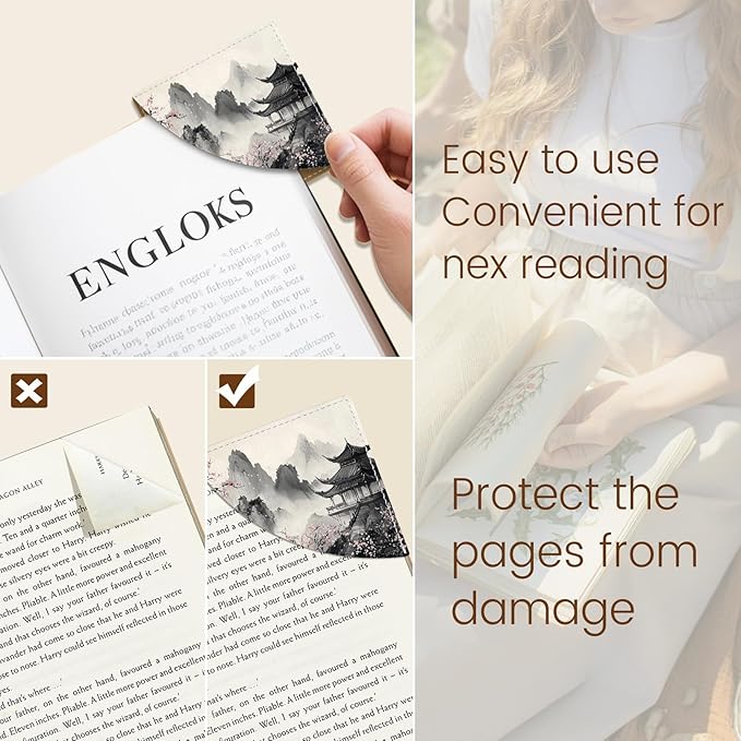 Japanese Landscape Corner Bookmarks, Anime Leather Book Accessories for Book Lovers, 3 Pcs Reading Book Page Markers for Women Men Student Teacher Retirement Birthday Gifts