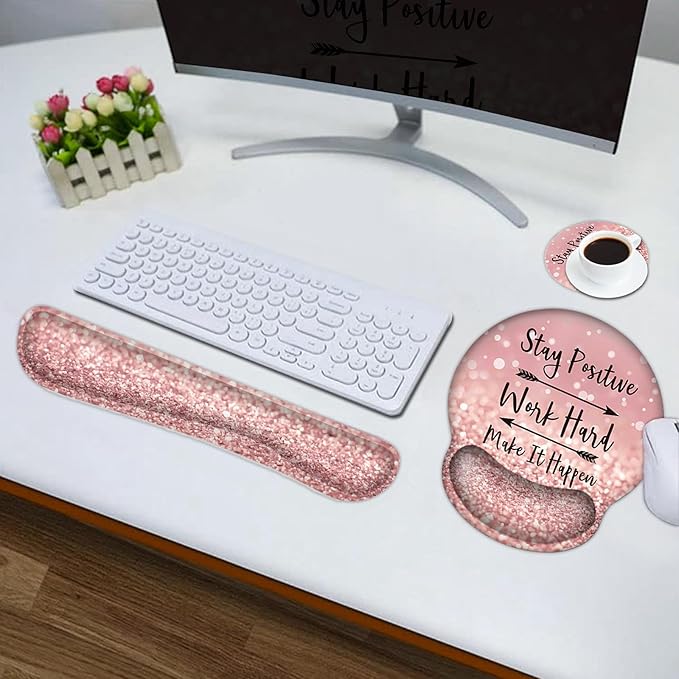 DINKY Large Gaming Mouse Mat and Mouse Pad Wrist Keyboard Wrist Rest Set, Anti-Slip Base Mousepad + Coaster, 35.4 x 15.80-inch, Ergonomic Wrist Support for Home Working Gaming-PinkQuote