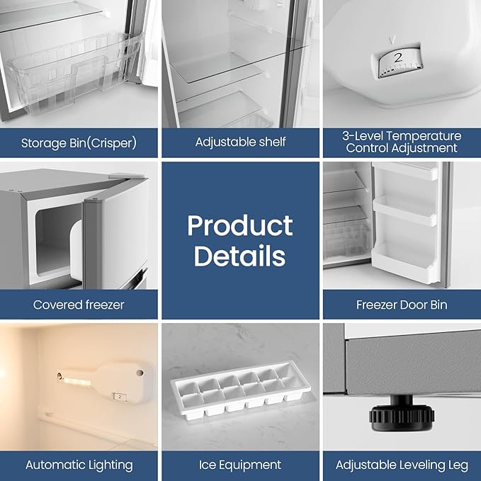 Kismile 4.5 Cu.Ft Mini Fridge with Freezer, Compact Mini Refrigerator with Adjustable Removable Glass Shelves,Small Fridge with 2 Doors for Home,Kitchen,Dorm,Apartmen,Grey