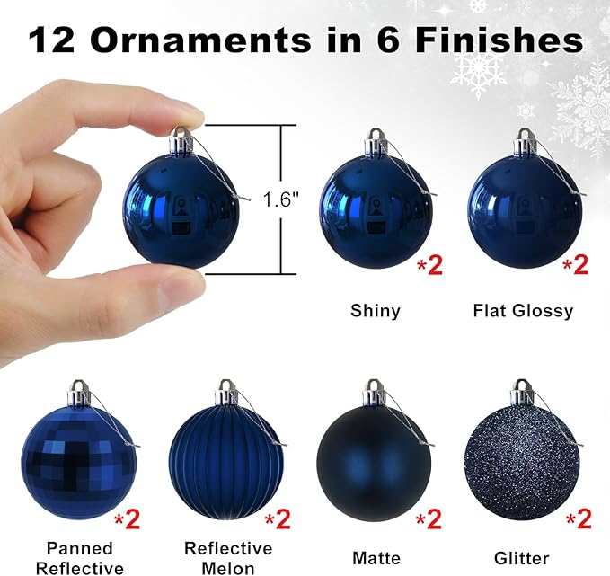 Navy Blue 1.6" Small Christmas Balls Christmas Tree Decoration Ornaments Shatterproof Hanging Balls for Birthday Halloween Holiday Wedding Decorations Set of 12pcs