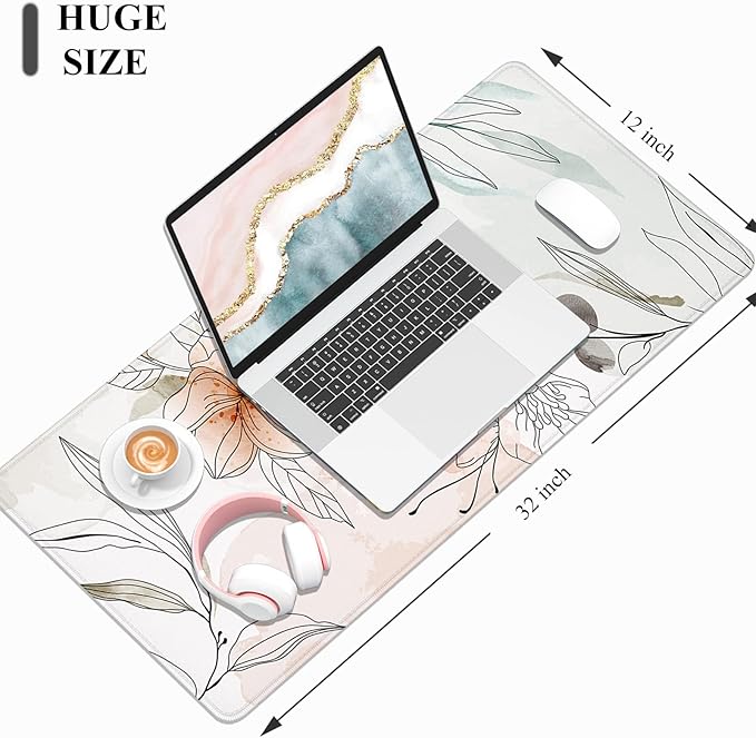 Desk Mat, 32" x 12" XXL Extended Large Gaming Mouse Pad, Desktop Decor Desk Pad, Cute Men Women Office Supplies and Accessories, XL Mouse Mat for Laptop & Keyboard, Watercolor Flowers
