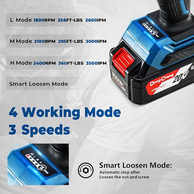 Dong Cheng 20V Brushless Impact Wrench, Max Torque 360 ft-lbs (488N.m), 1/2 inch with 3 Mode Speed, 2400 RPM Cordless Impact Gun, Bare Tool