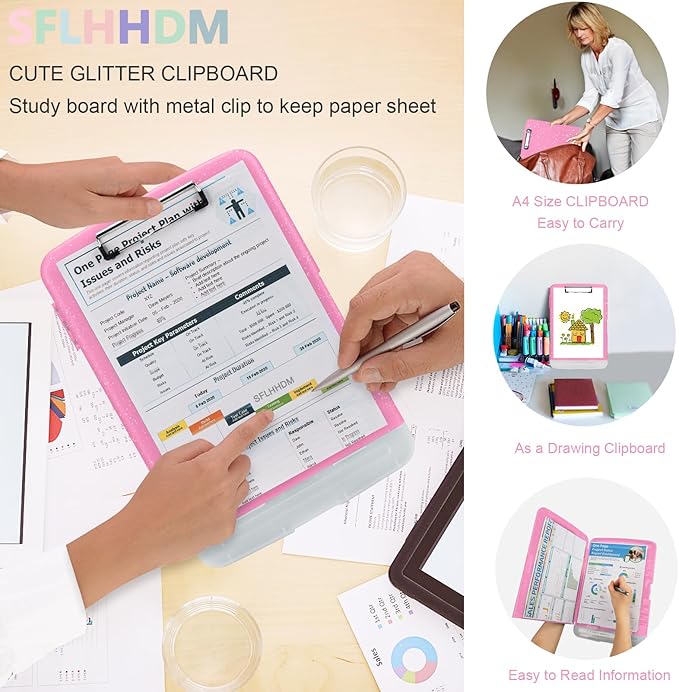 Glitter Clipboard with Storage,Storage Clipboard with Pen Holder,A4 Binder Clip Boards 8.5x11 with Low Profile Clip,Side Opening Sparkle Clipboards, Clipboards Folder for Office Supplies-Rose Pink