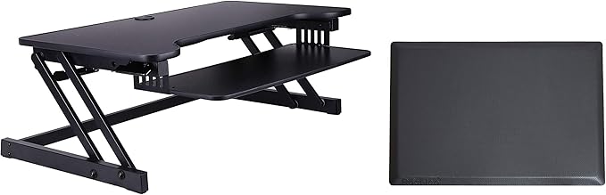 Rocelco 37.5" Deluxe Height Adjustable Standing Desk Converter with Anti Fatigue Mat BUNDLE - Quick Sit Stand Up Computer Workstation Riser - Large Retractable Keyboard Tray - Black (R DADRB-MAFM)