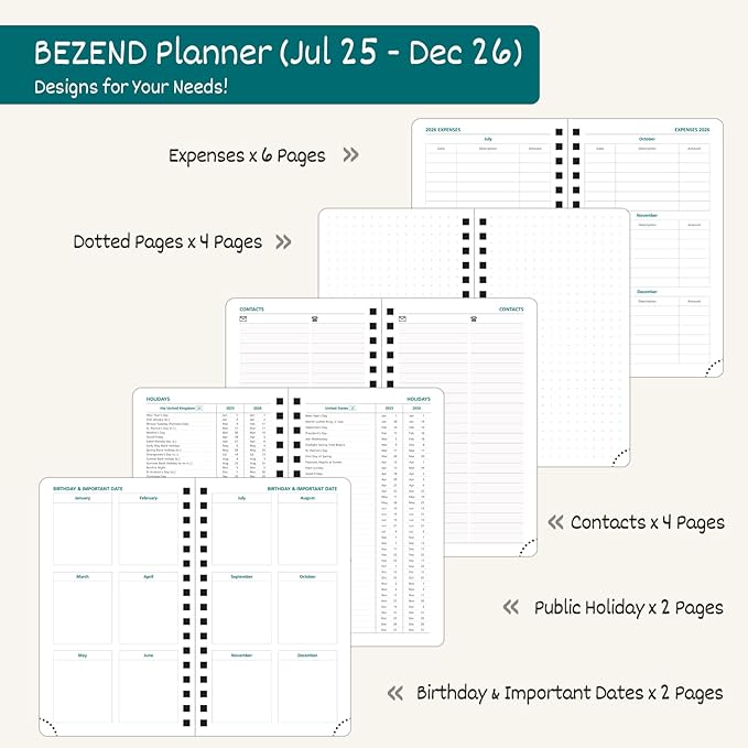 BEZEND Pocket Planner 2026 Weekly and Monthly (3.5" x 6"), 2-Column Calendar Book for Purse (Jul 25-Dec 26), Dual Schedule for Daily Appointment, Spiral Bound, PU Leather Softcover, Evergreen