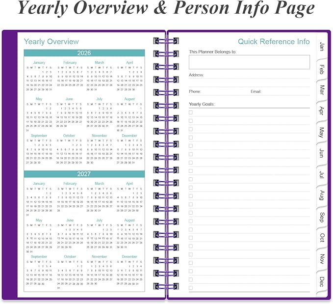 2026 Pocket Planner/Calendar - 2026 Planner from January 2026 - December 2026, Planner 2026 with 12 Tabs, Twin-Wire Binding, Inner Pocket, 3.75" x 6.75, Purple