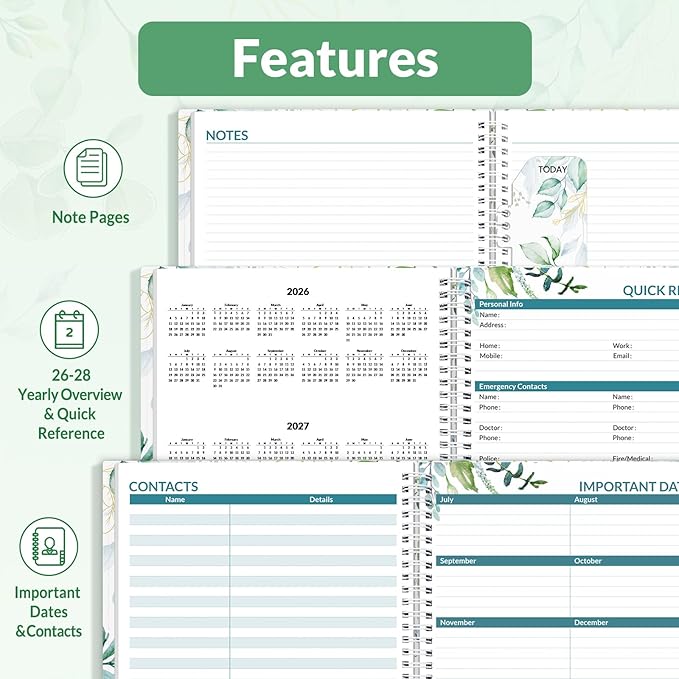 SUNEE 2026 Weekly and Monthly Planner - from January 2026 - December 2026, 6.4" x 8.3" Daily Agenda Planner with Monthly Tab, Flexible Cover, Note Pages, Pockets, Bookmark, Spiral Binding, Greenery