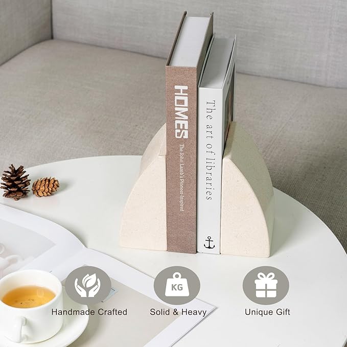 Koville Marble Bookends for Shelves, Large Bookends for Heavy Books, Natural Stone Book Stopper for Books CD Movies, Aesthetic Decorative Book Ends (Sail-Beige)