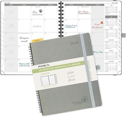 POPRUN Monthly Planner 2025-2026 Spiral Bound (8.5'' x 10.5'') 18 Months Calendar (Jul 2025 - Dec 2026) - 4 Pages per Month with Monthly Expense & Notes, Sunday Start, Leather Cover - Grey