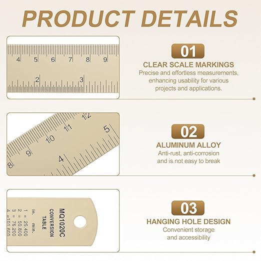 HARFINGTON 2pcs Metal Straight Ruler 15cm Metric SAE Aluminum Alloy Measuring Rulers Scale Tool with Hole for Measure Study Reading Classroom Office, Beige