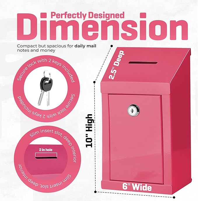 Metal Donation Box-Suggestion Box with Slot and lock-Cash Lock box for Money-Secure Drop Box-Comment and ballot voting box-comes with pre-drilled holes for easy wall mounting 10 X 6 X 2.5"(Pink)