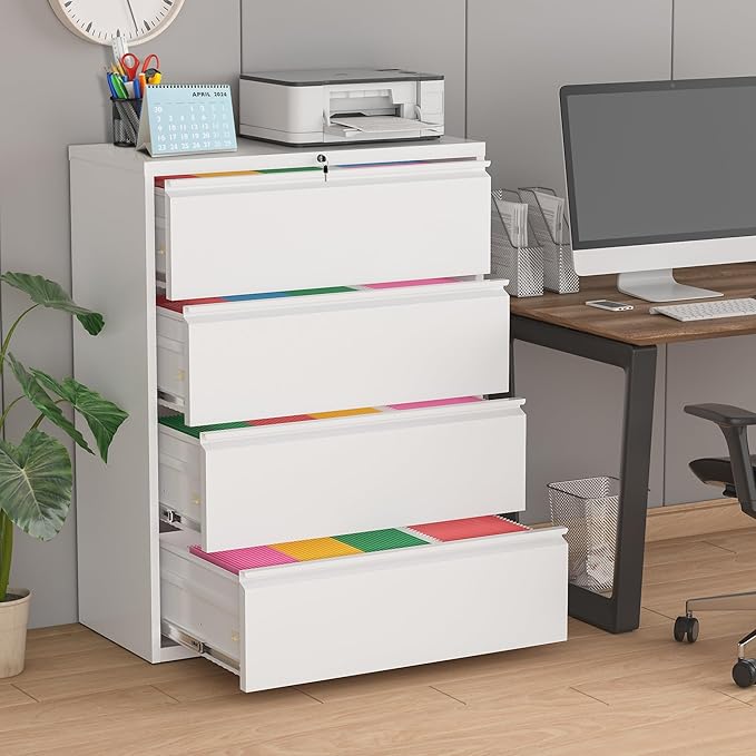 Superday Lateral File Cabinet 4 Drawer Metal File Cabinet with Lock, White Filing Cabinets for Home Office, Locking Filing Cabinets Hanging Files Letter/Legal/F4/A4