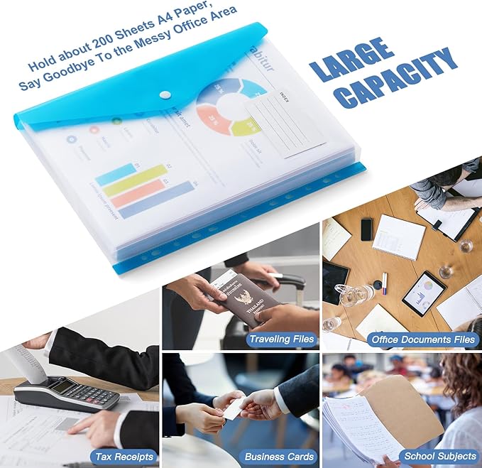 Binder Pocket Organizer Folders, 12 Pack Expandable Files Bag Plastic Envelopes Binder Folders with 11 Holes for 2/3/4 Ring Binder, Document Pouch with Snap Button and Label for School Office Home