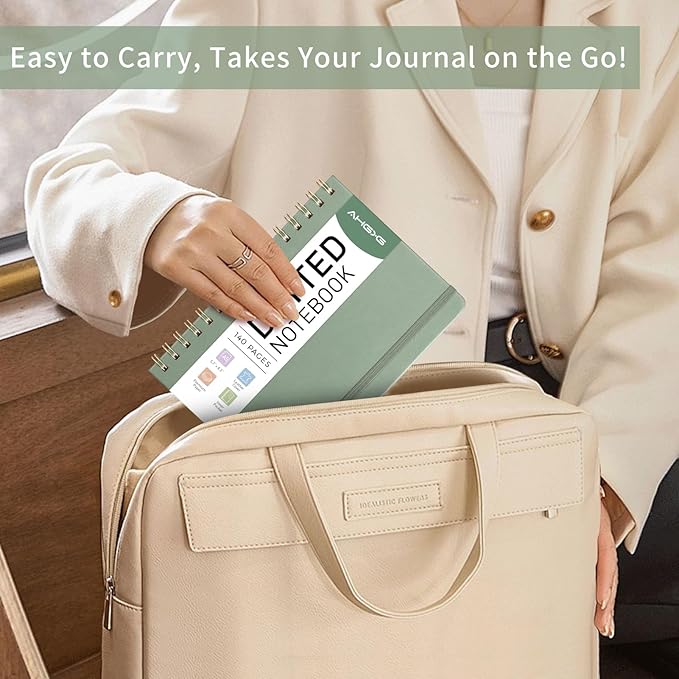 AHGXG Bullet Dotted Journal Spiral Notebook, Hardcover Leather Dotted Notebook 140 Pages, A5 Dot Grid Paper Notebook, 100 gsm Thick Paper, for Bullet Journaling, 5.7" x 8.3", Sage Green