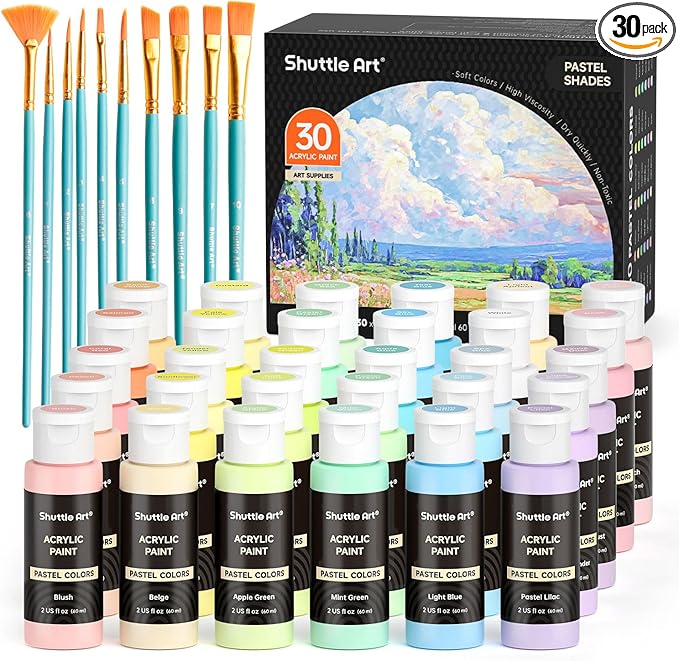 Shuttle Art 40 Pack Pastel Acrylic Paint Set, 30 Colors, 60ml/2oz Bottles, High Viscosity, Water-proof With 10 Paint Brushes for Painting &Crafting on Canvas, Rock, Ceramic, Fabric, Clay