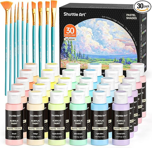 Shuttle Art 40 Pack Pastel Acrylic Paint Set, 30 Colors, 60ml/2oz Bottles, High Viscosity, Water-proof With 10 Paint Brushes for Painting &Crafting on Canvas, Rock, Ceramic, Fabric, Clay