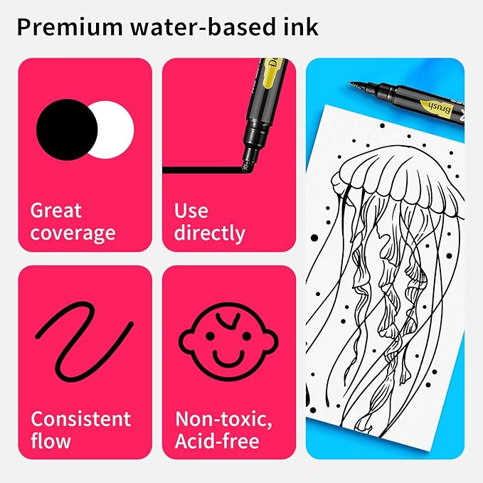 NAWOD 3 Black Acrylic Paint Pens, Acrylic Paint Markers Dual Tip (Dot Tip + Brush Tip), Acrylic Permanent Markers for Rock, Fabric, Canvas, Ceramic, Glass, Wood, Paper, Labeling, Drawing, DIY Crafts