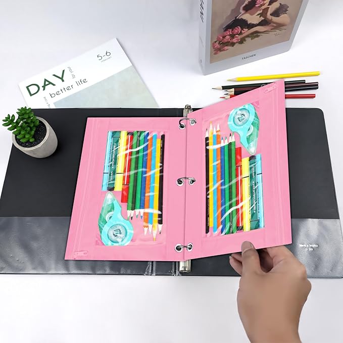 YoeeJob Pencil Pouch for 3 Ring Binder, Zipper Binder Pencil Pouches Bulk, Pencil Case with Clear Window for Class, Office, Pale Pink, 24 Packs