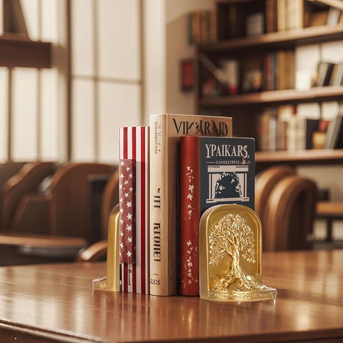 Gold Tree of Life Bookends Set, 2 Decorative Bookends for Shelves or Bookcase, Non-Skid Heavy Bookends for Desktop Shelf Decor, Library Office Decor, Home Décor Gift (Gold)