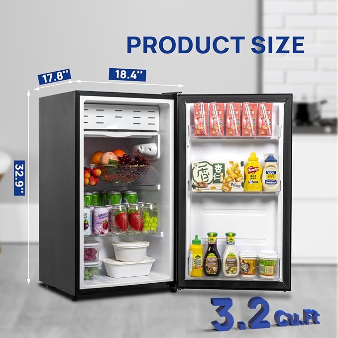 Smad 3.2 Cu.ft Compact Refrigerator with Freezer, Low Noise Mini Fridge with 7-Level Adjustable Thermostat, 110v Single Door Refrigerator for Homes Offices Dorm