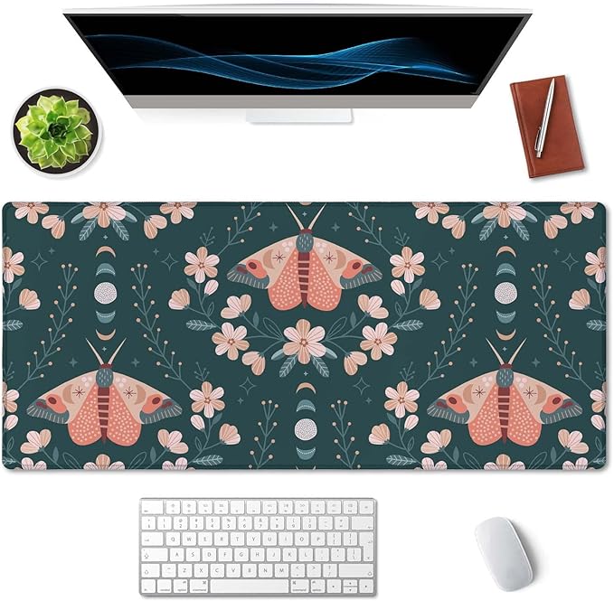 SSOIU Extended Gaming Mouse Pad (35.5x15.7 in), Large Non-Slip Rubber Base Mousepad with Stitched Edges, Waterproof Keyboard Mouse Mat Desk Pad for Work, Game, Office, Home - Floral Moon Moth
