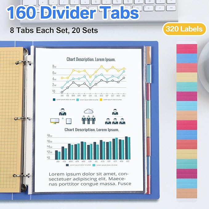 ReliThick 12 Set of 96 Pack Clear Sheet Protectors 8.5 x 11 Inch Page Protector for 3 Ring Binder with 8 Tabs Plastic Dividers for 3 Ring Binder, Insertable Index Page Divider Multicolor Tabs