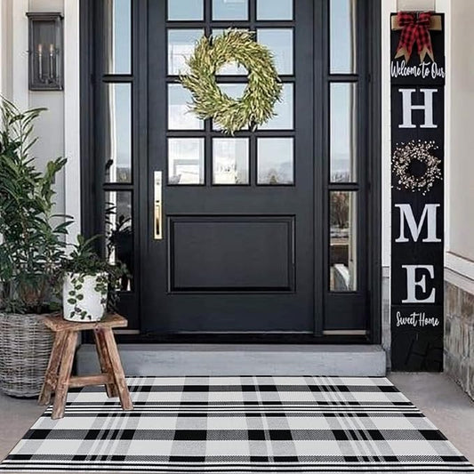 CAINANEL Buffalo Plaid Outdoor Rug Black and White Check Rug 35.4'' x 59'' Cotton Hand-Woven Checkered Front Welcome Door Mat Indoor/Outdoor Area Rug for Front Porch,Kitchen,Entry Way,Living Room