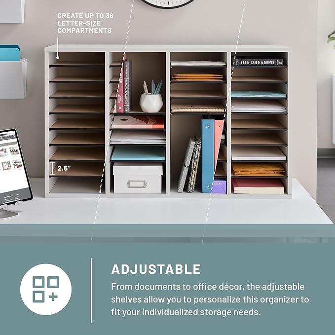 Safco Literature Organizer, 36 Compartments, Office and Classroom Mailbox with Adjustable Shelves, Wood Paper and Mail Sorter, Modern Gray