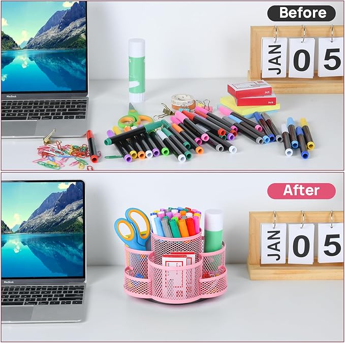 Pink Pen Holder for Desk, Rotating Pencil Holder, Cup Holder for Desk Office, Pen Organizer